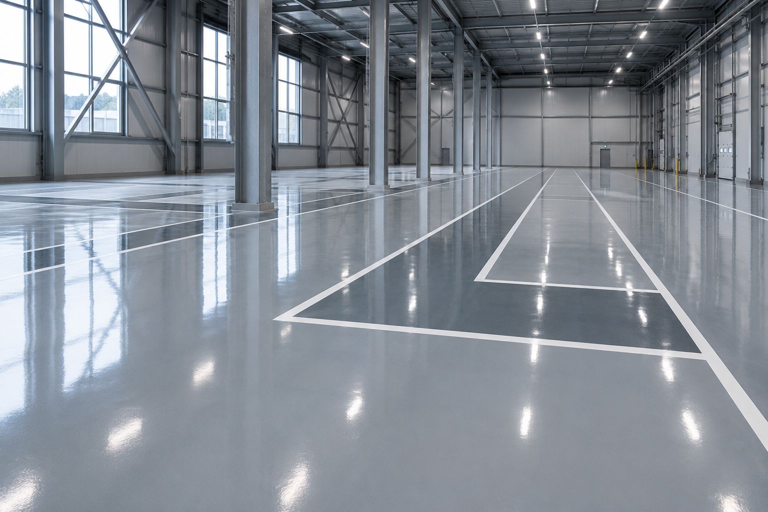 Freshly poured epoxy resin floor with white line markings in an industrial space